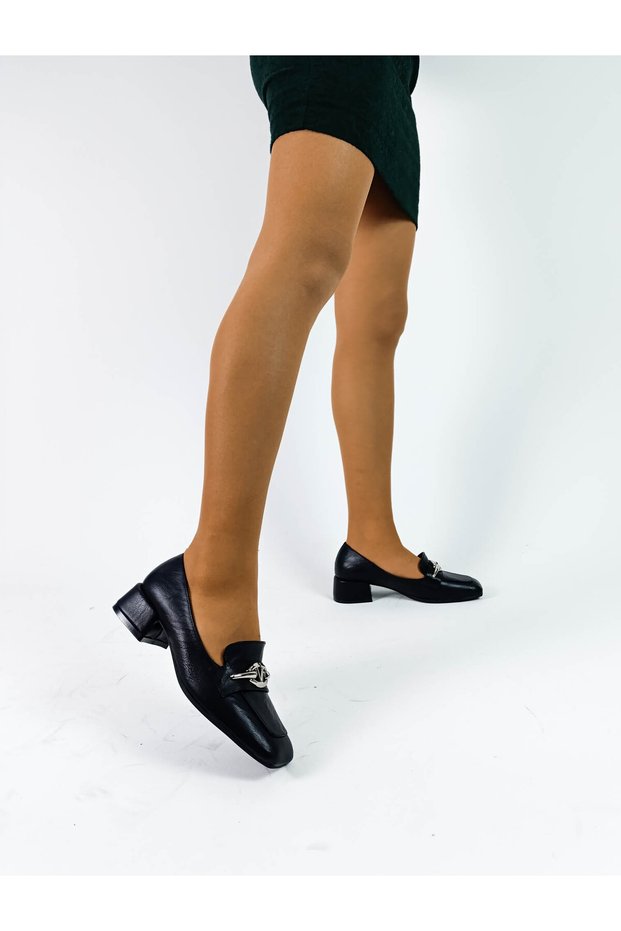 Black Color Thick Heeled Buckle Women's Heeled Shoes between Sizes 36-40