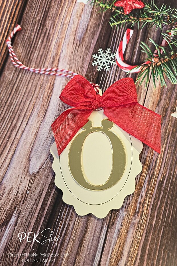 Initial Letter Bow Christmas Tree Ornament - Gold Initial Letter Red Bow Ribbon New Year Ornament