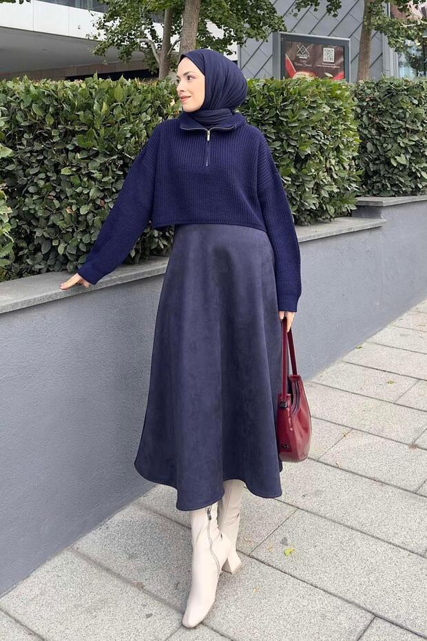 Collar Zippered Crop Knitwear Sweater Navy Blue