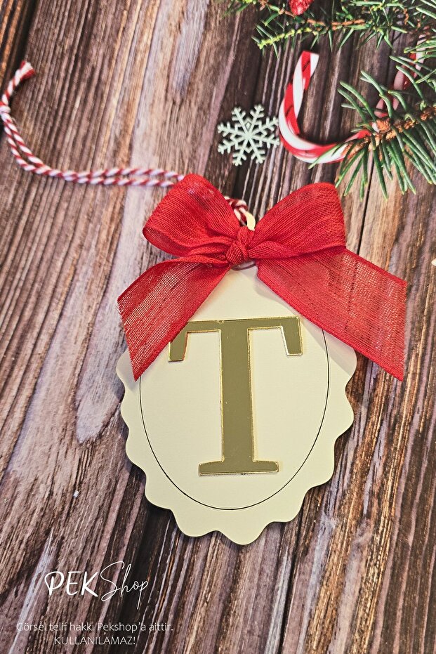 Initial Letter Bow Christmas Tree Ornament - Gold Initial Letter Red Bow Ribbon New Year Ornament