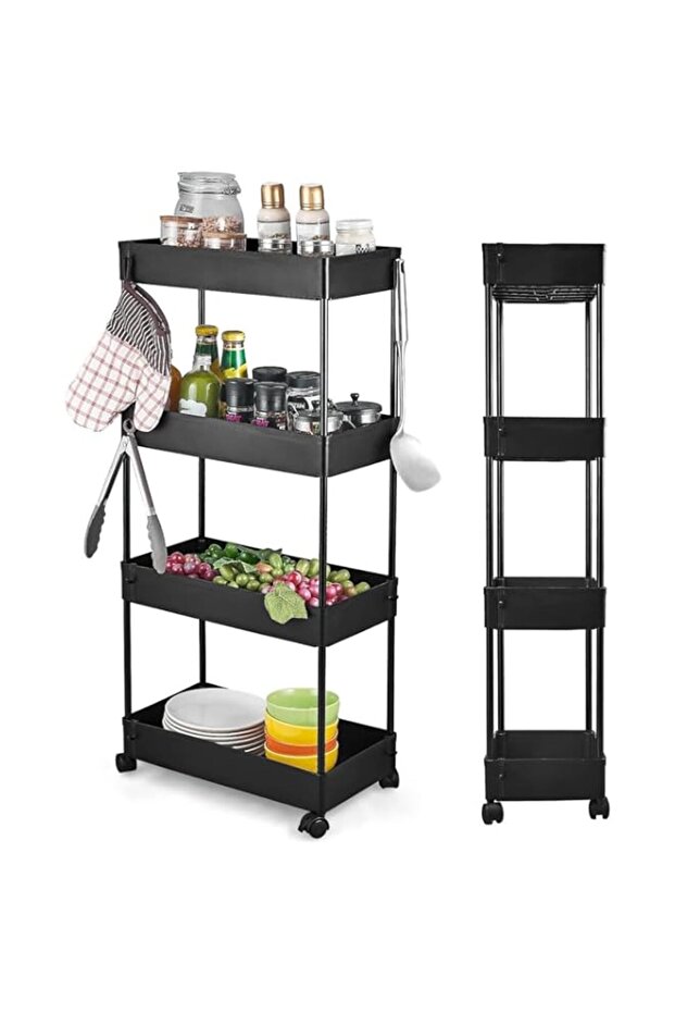 AnnuoYi 4 Tier Rolling Cart, Mesh Storage Rack, Multifunction Serving Cart, Lockable Wheels, Black,