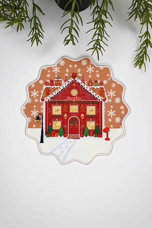 Red Christmas House Cinnamon Sky Design Embroidery Edge Cocktail Napkin 1 Piece