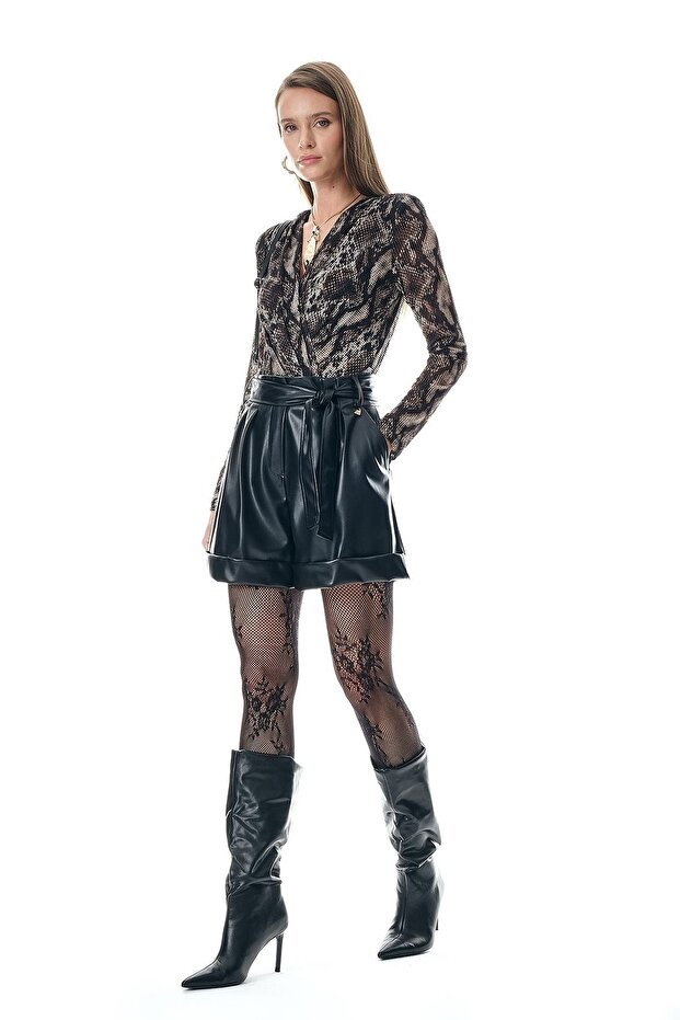 Deri Beli Kuşaklı Double Paça Şort - 3