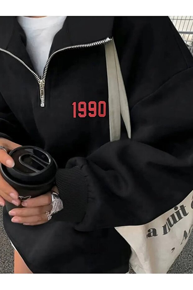 سويت شيرت نصف سحاب 1990 مطبوع للجنسين بأكمام طويلة