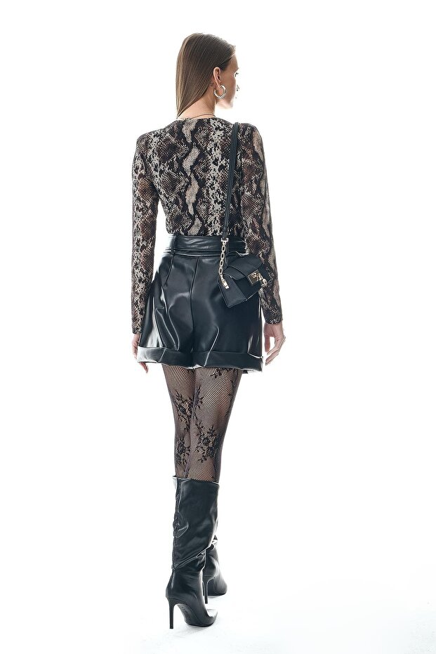 Deri Beli Kuşaklı Double Paça Şort - 2