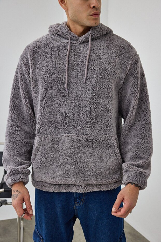 Basic Kapüşonlu Oversize Peluş Sweatshirt - 3