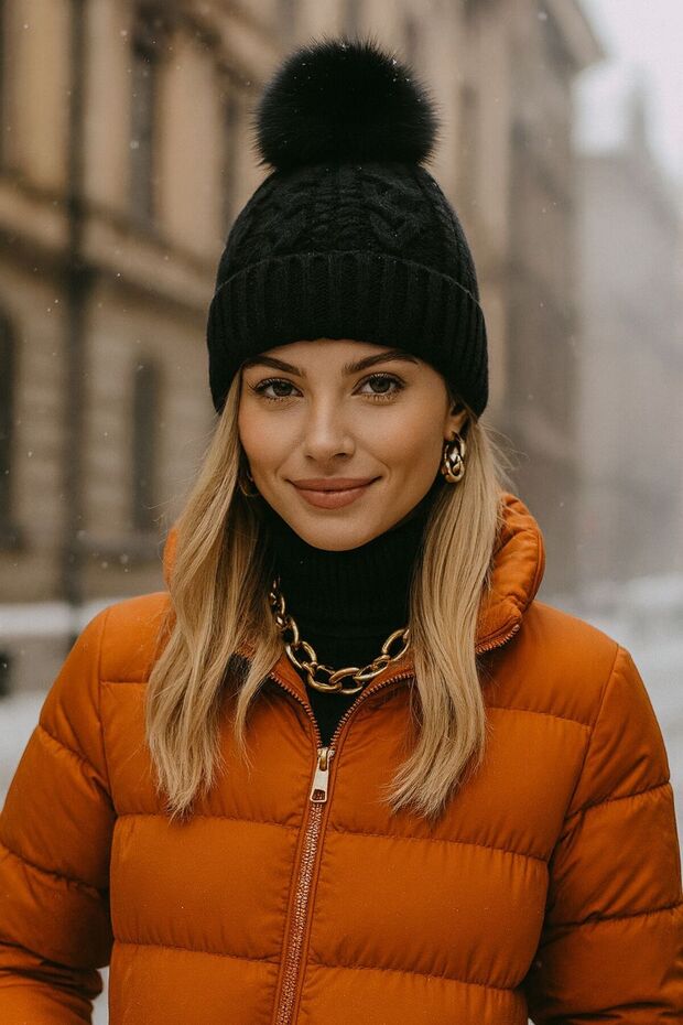 Black Knitwear Knitted Pompom Women's Beanie