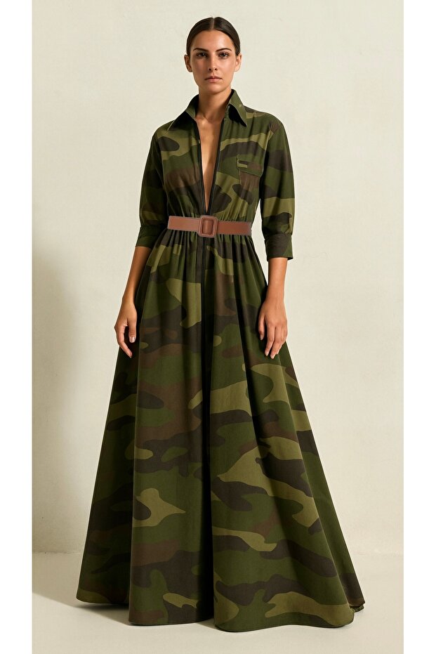Önden Fermuarlı Kamuflaj Desen Maxi Poplin Gömlek Elbise - 1