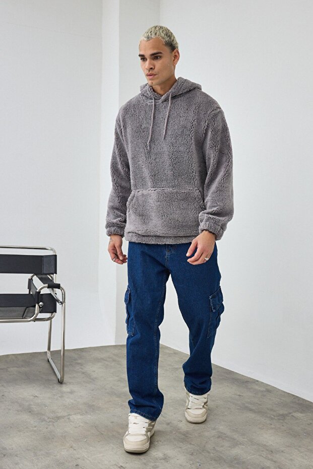 Basic Kapüşonlu Oversize Peluş Sweatshirt - 5