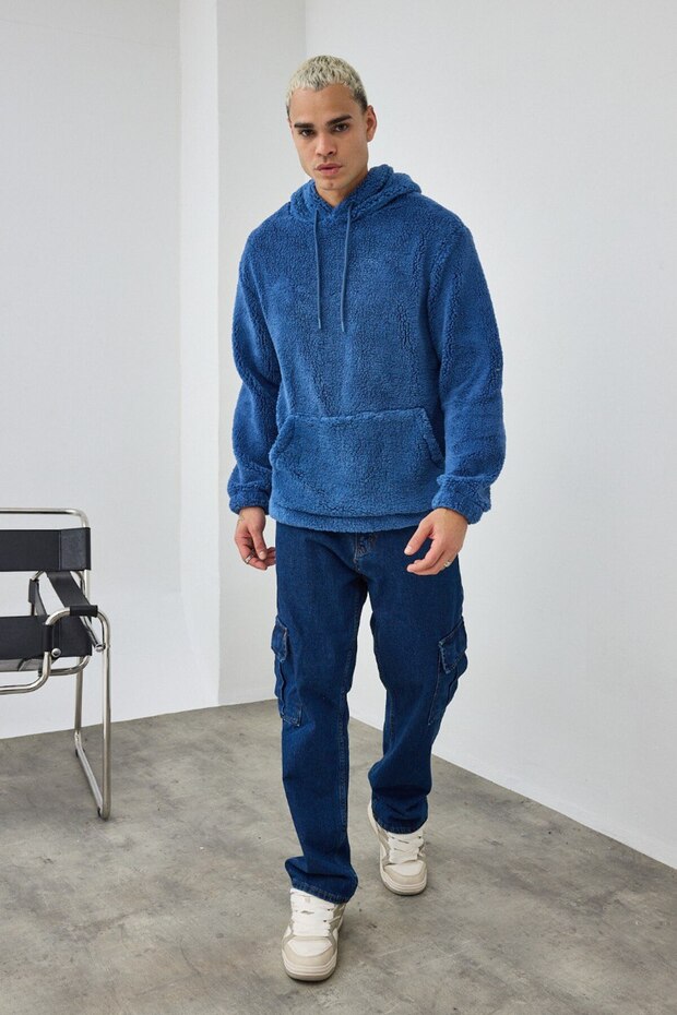 Basic Kapüşonlu Oversize Peluş Sweatshirt - 3