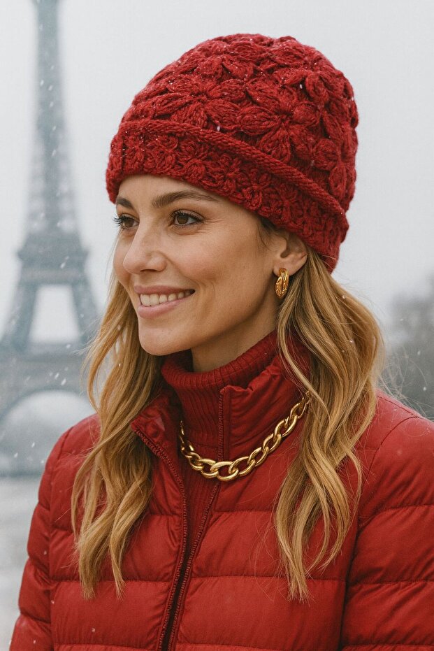 Red Flower Knitted Detailed Women's Beanie