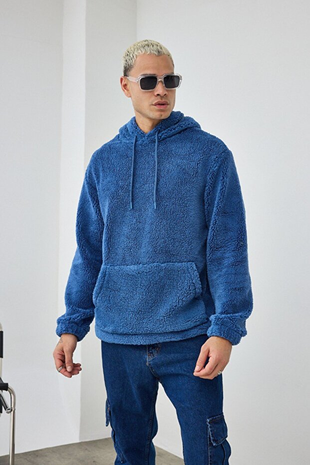 Basic Kapüşonlu Oversize Peluş Sweatshirt - 4