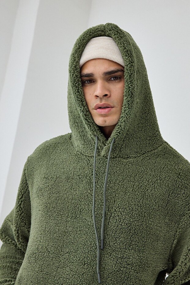 Basic Kapüşonlu Oversize Peluş Sweatshirt - 2