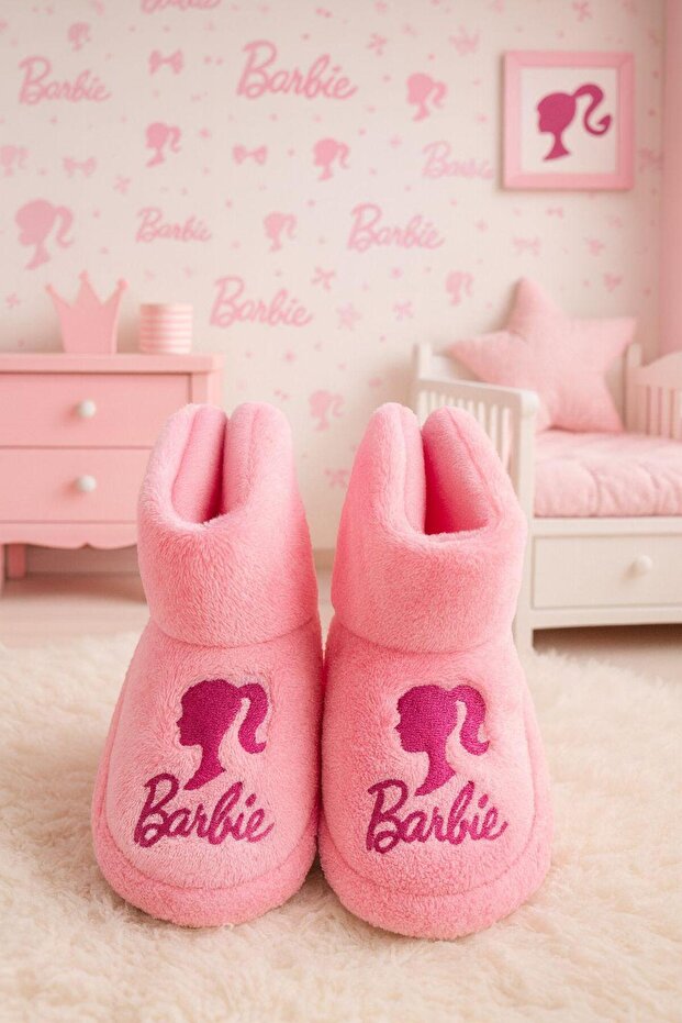 Bebek & Çocuk Kaydırmaz Eva Tabanlı Ev Botu / Panduf / Kışlık Peluş Bot / Pembe Desenli - 1