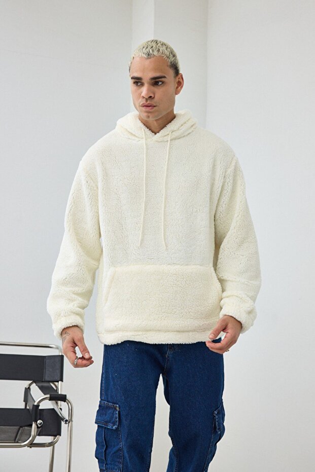 Basic Kapüşonlu Oversize Peluş Sweatshirt - 1