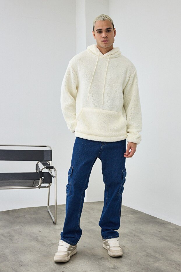 Basic Kapüşonlu Oversize Peluş Sweatshirt - 5