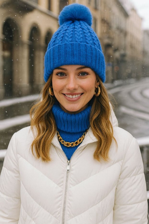 Cobalt Blue Knitwear Knitted Pompom Women's Beanie
