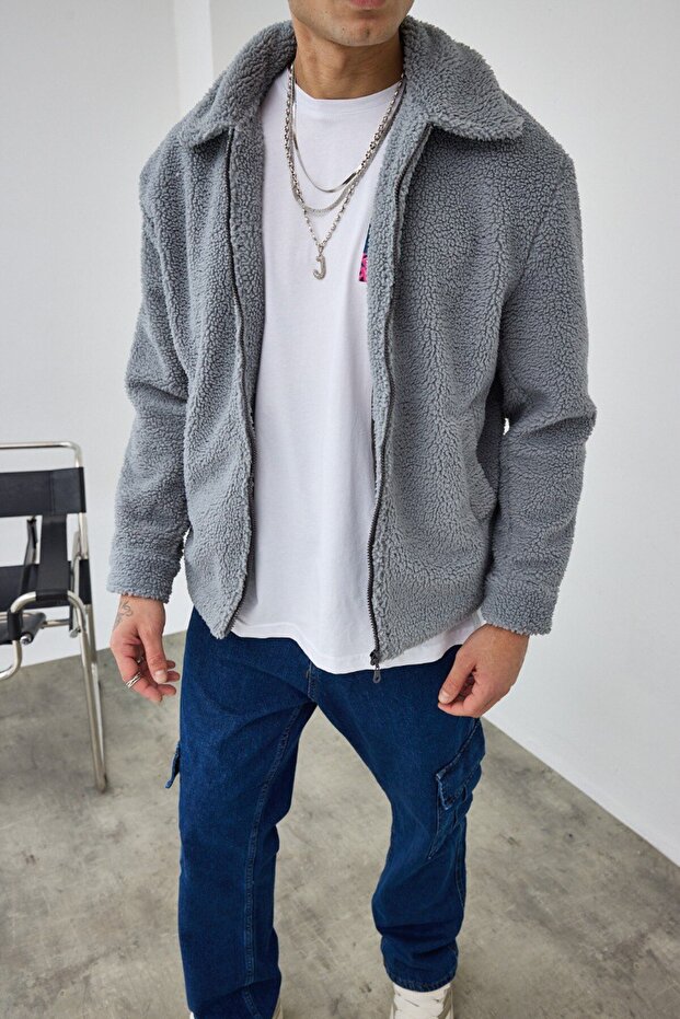 Astarlı Fermuarlı Oversize Peluş Mont - 2