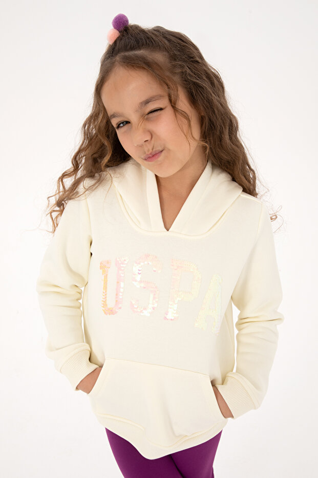 Girl's Cream Sequin Embroidered Shirt Fleece-Lined K Hooded Basic Sweatshirt 50314257-Vr256