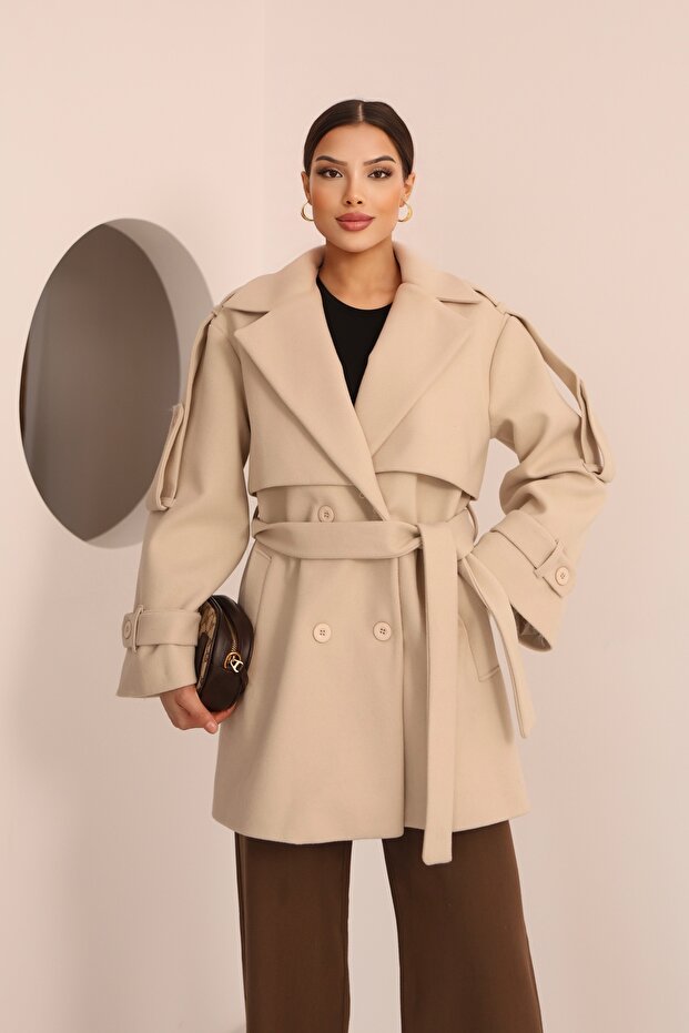 Women's Kırem Kaşe Double-Breasted Collar Belted Coat. 1891.