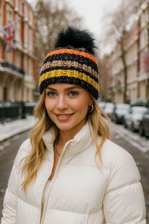 Black Striped Knitted Women's Beanie