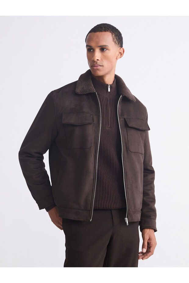 Brown Slim Fit Fur Collar Suede Men's Coat