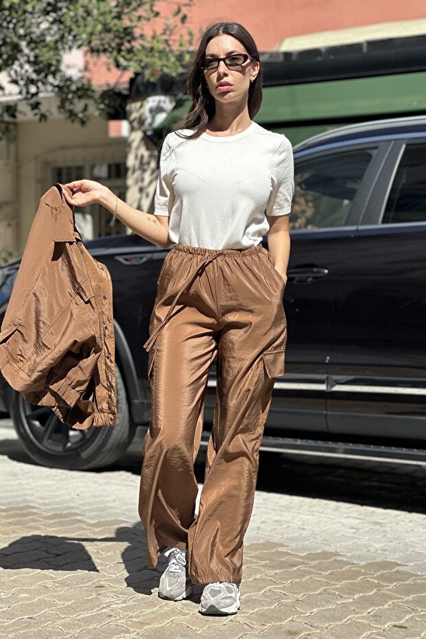 Women's Parachute Fabric Cargo Pocket Palazzo Pants
