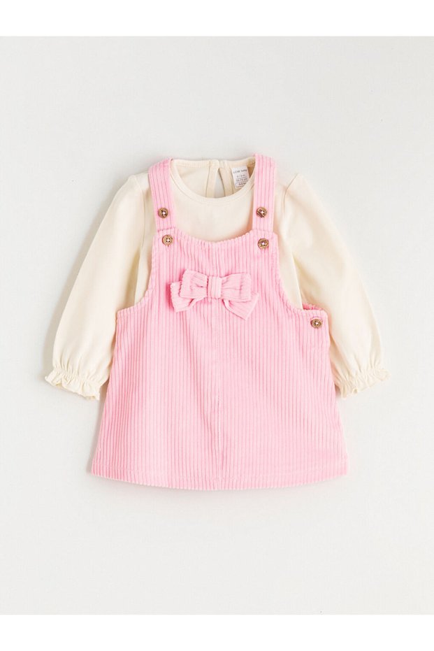 Ozmarka New Season Pink Bow Detailed Velvet Baby Girl Salopet Dress and T-Shirt