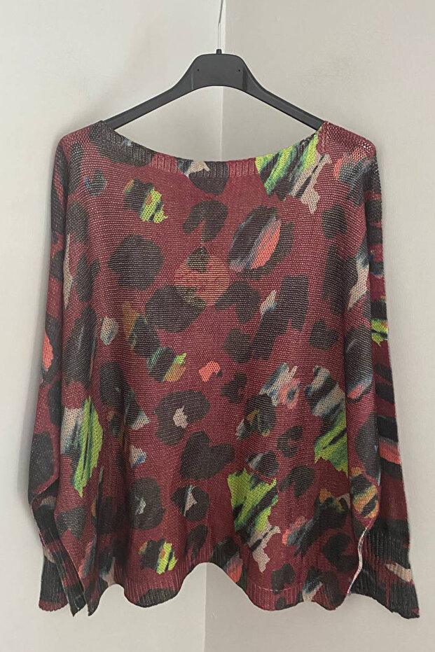 Women's Italian Burgundy Glitter Camouflage Patterned Bat Sleeve Mercerized Blouse Sweater