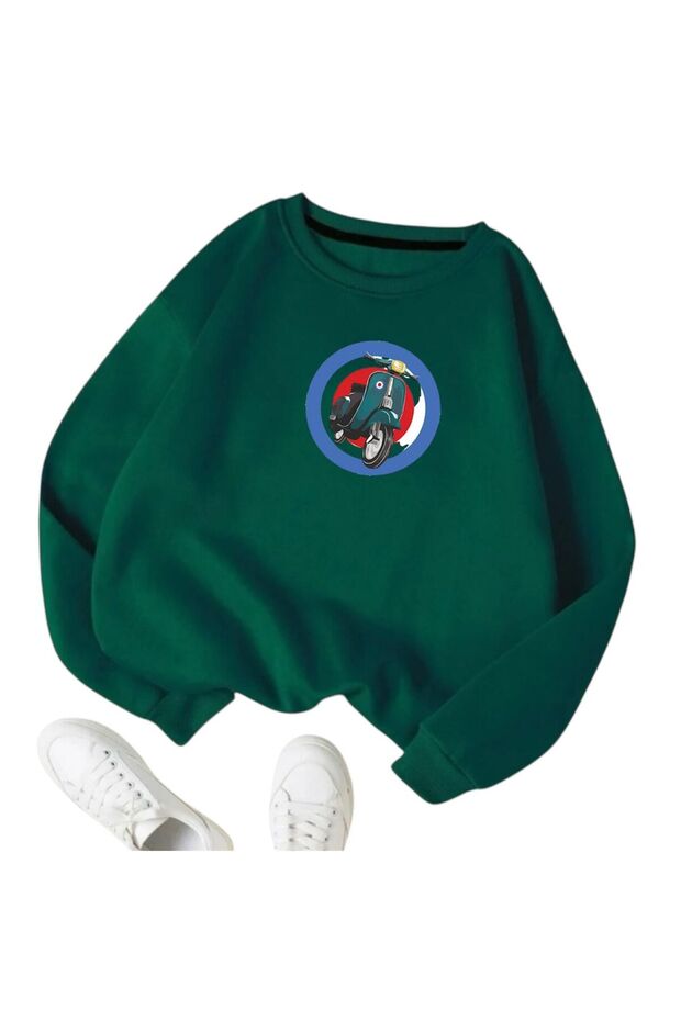 Unisex Green Oversized Sweatshirt – Retro Scooter Printed Stylish Casual Model