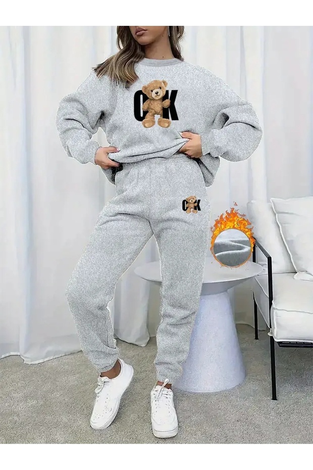 Unisex Men's and Women's Ok Bear Printed 3 Thread Crew Neck Sweatshirt Set