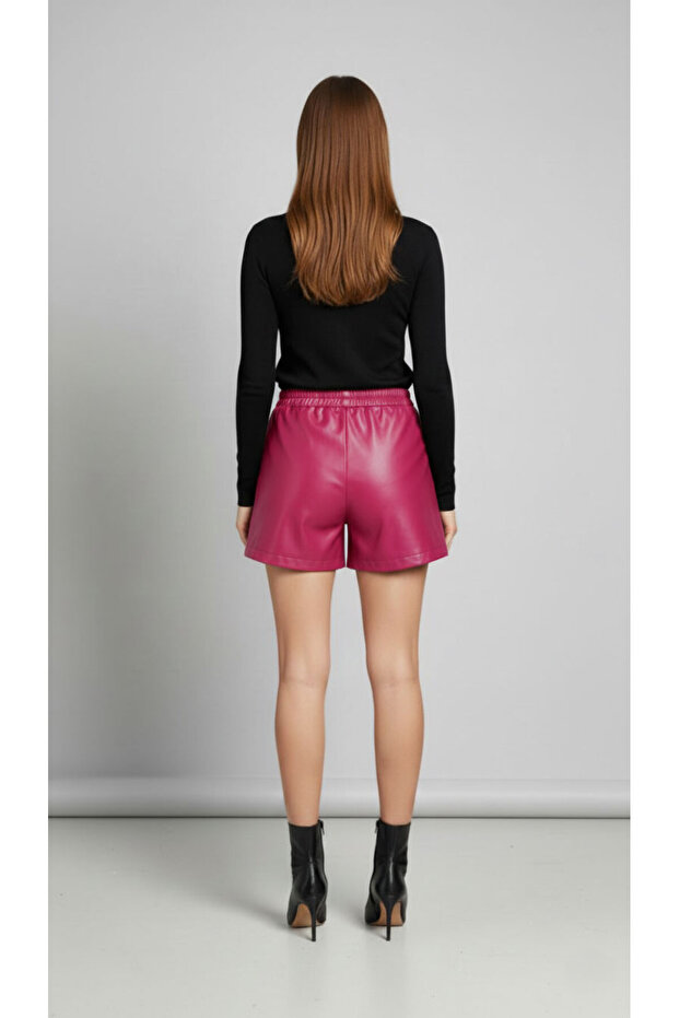 Kadın Pembe Suni Deri Şort - 2
