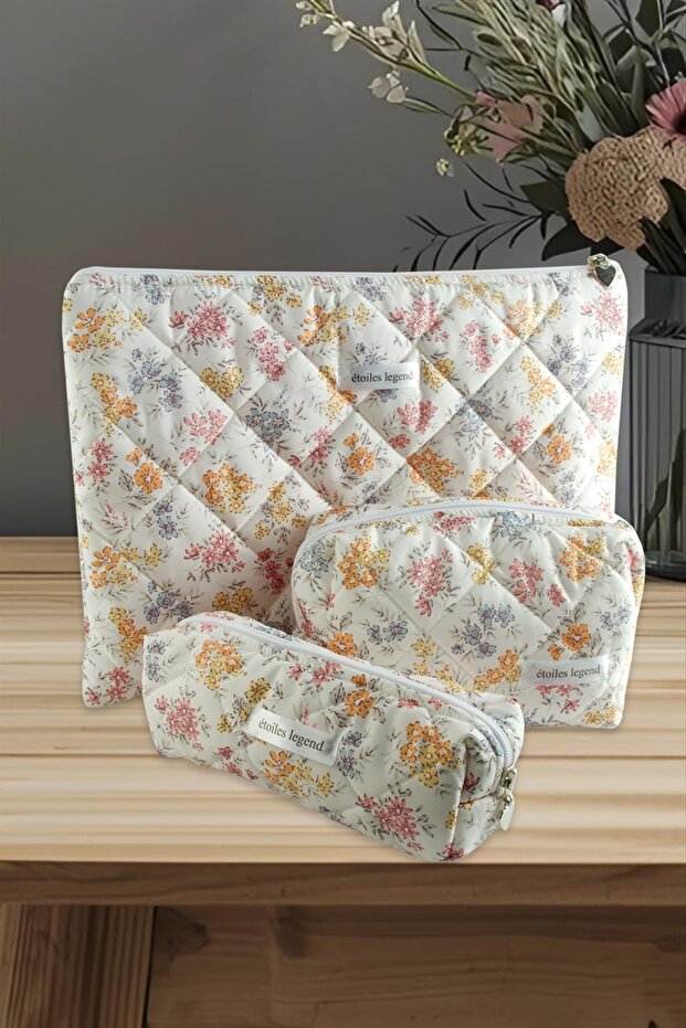 Flower Pattern Pencil Makeup Labtop Computer Set Bag - 1