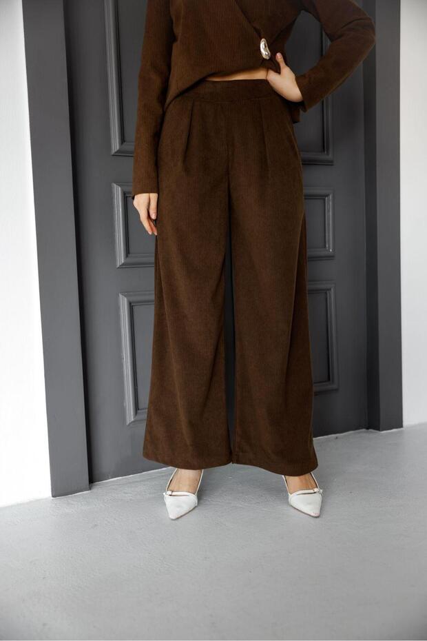 Women's Brown Wide Leg Corded Fabric Velvet Plazzo Trousers