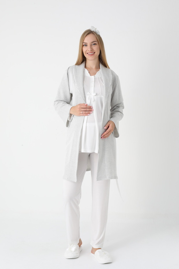 Women's Ecru Jacquard Shawl Collar Lace Winter Special Design Maternity Pajama Set