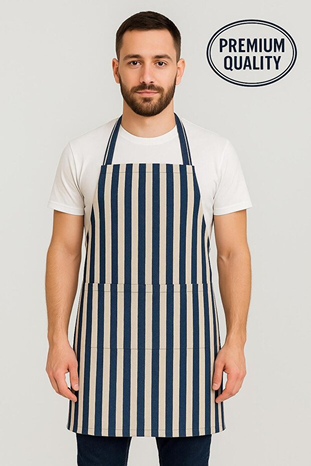 Navy Blue-White Striped Premium Woven Gabardine Fabric, Middle Divided Pocket, Kitchen Apron Unisex