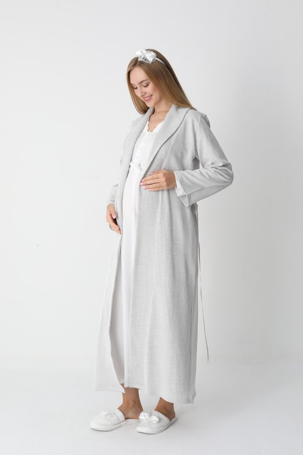Women's Ecru Jacquard Shawl Collar Full Length Winter Long Sleeve Special Design Maternity Nightgown Nightdress Set