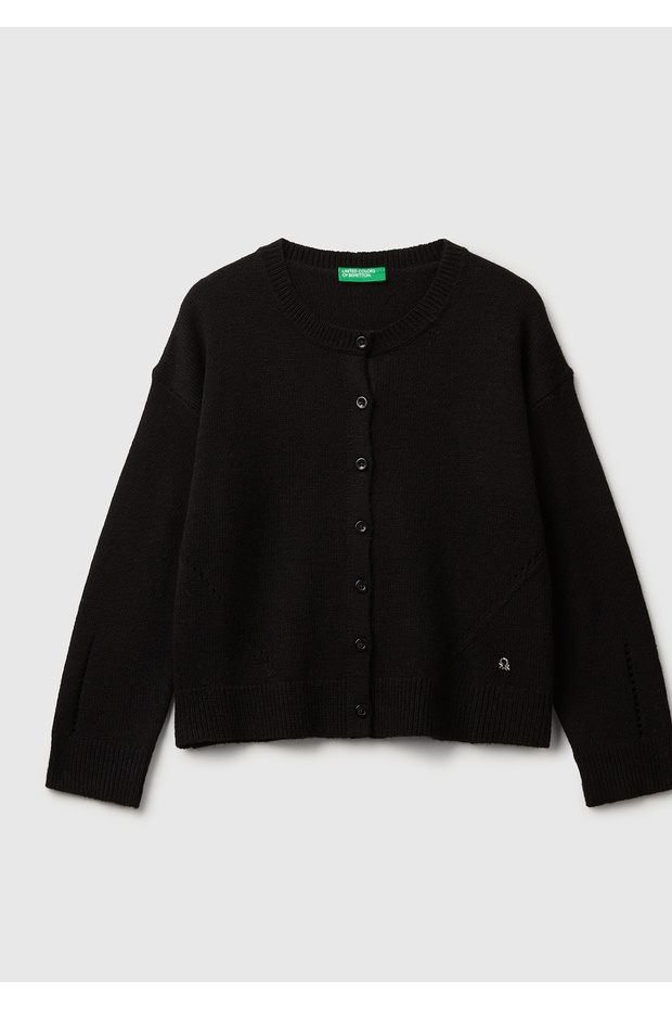 Girl's black wool blend ribbed cardigan with logo detail