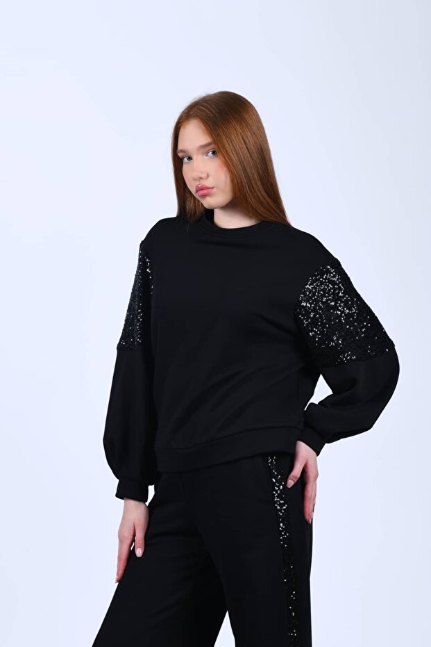 Siyah Kolu Pullu Sweatshirt - LV28 - 3