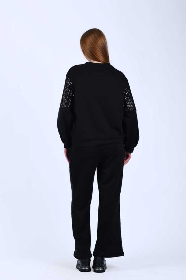 Siyah Kolu Pullu Sweatshirt - LV28 - 6