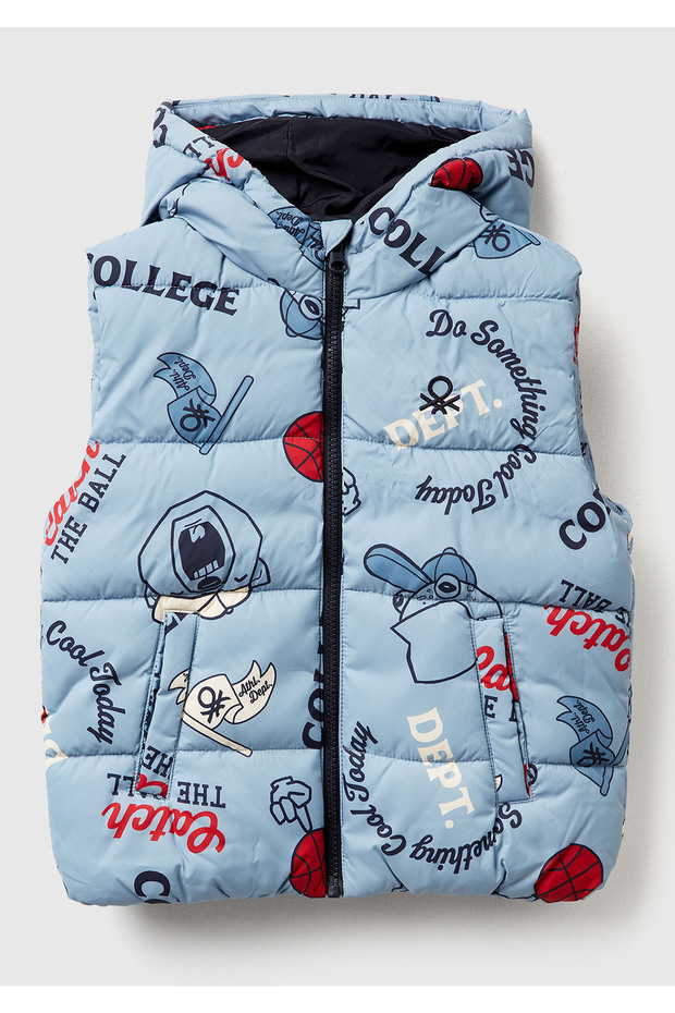 Boy's light blue all-over Printed logo zip-up Hooded padded vest