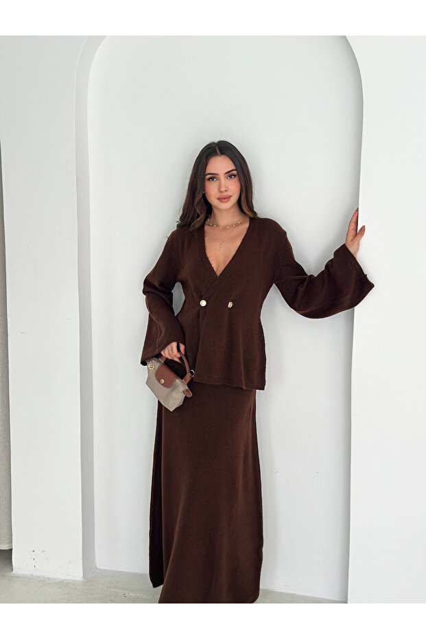 Soft Textured Double-Breasted Cardigan and Skirt Knitwear Set
