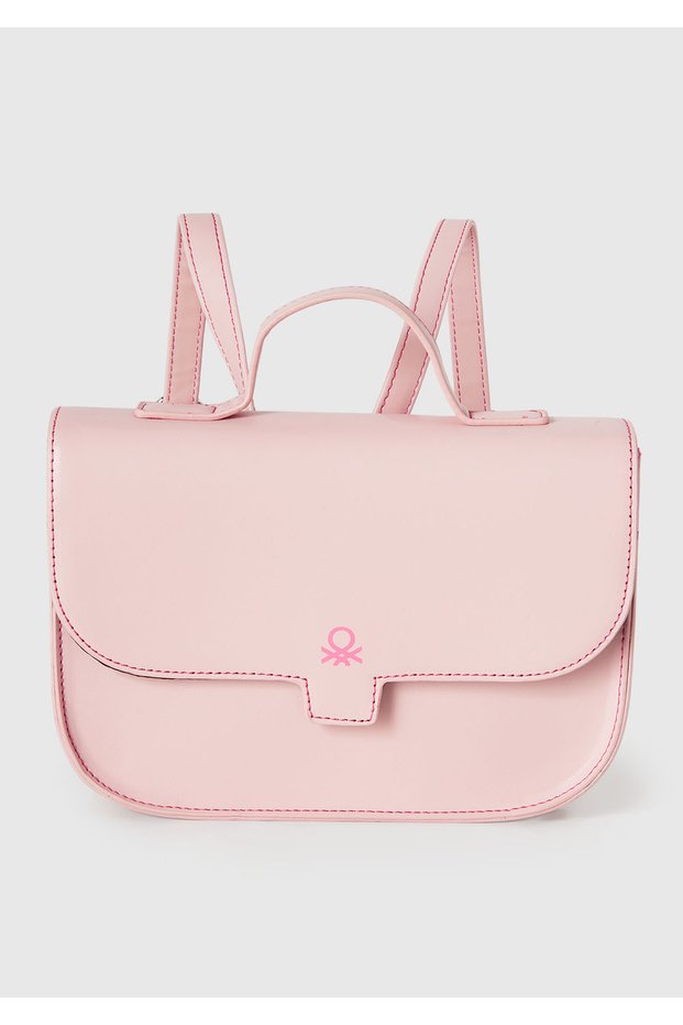 Girl's powder pink contrast color synthetic leather backpack with logo detail