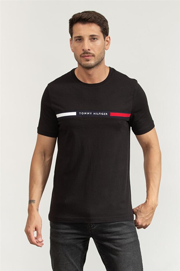 Erkek Göğsü Şerit Detaylı Bisiklet Yaka Kısa Kollu Siyah T-Shirt - 1