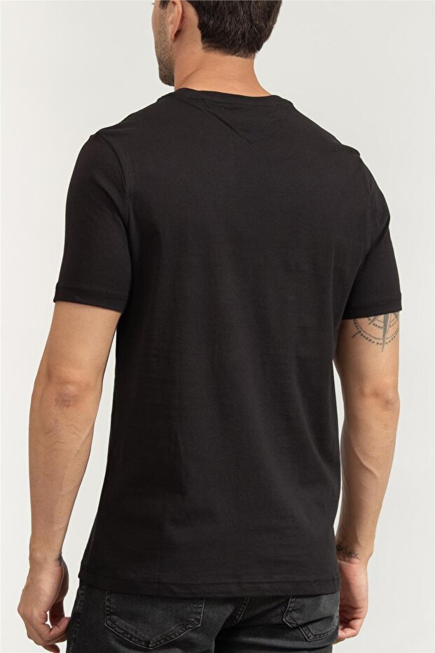 Erkek Göğsü Şerit Detaylı Bisiklet Yaka Kısa Kollu Siyah T-Shirt - 3