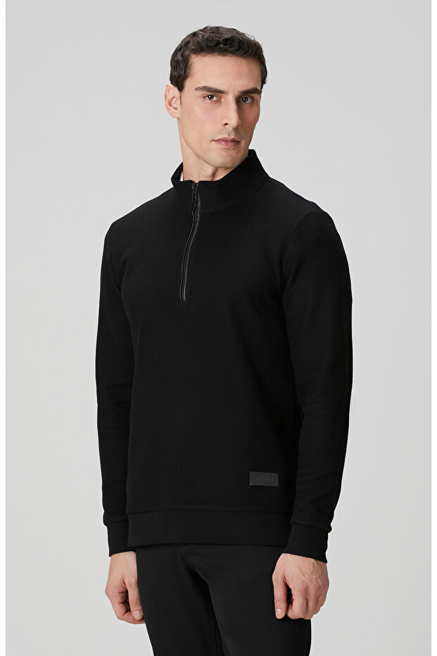 Siyah Dik Yaka Fermuarlı Sweatshirt - 4