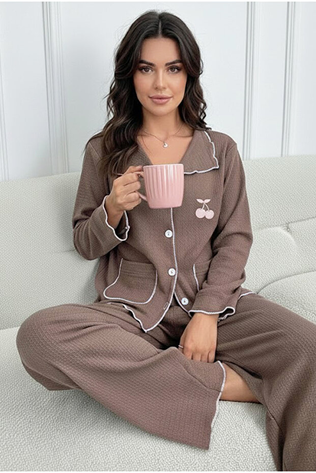 Brown Cherry Embroidered Pocket Wrinkled Long Sleeve Buttoned Knitted Pajama Set