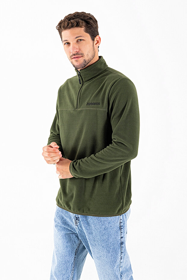 Men's Half Zip John Borners Embroidered Fleece Sweatshirt Khaki - 25K 6001