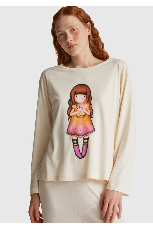 Women's cream cotton blend gorjuss Printed pajama top