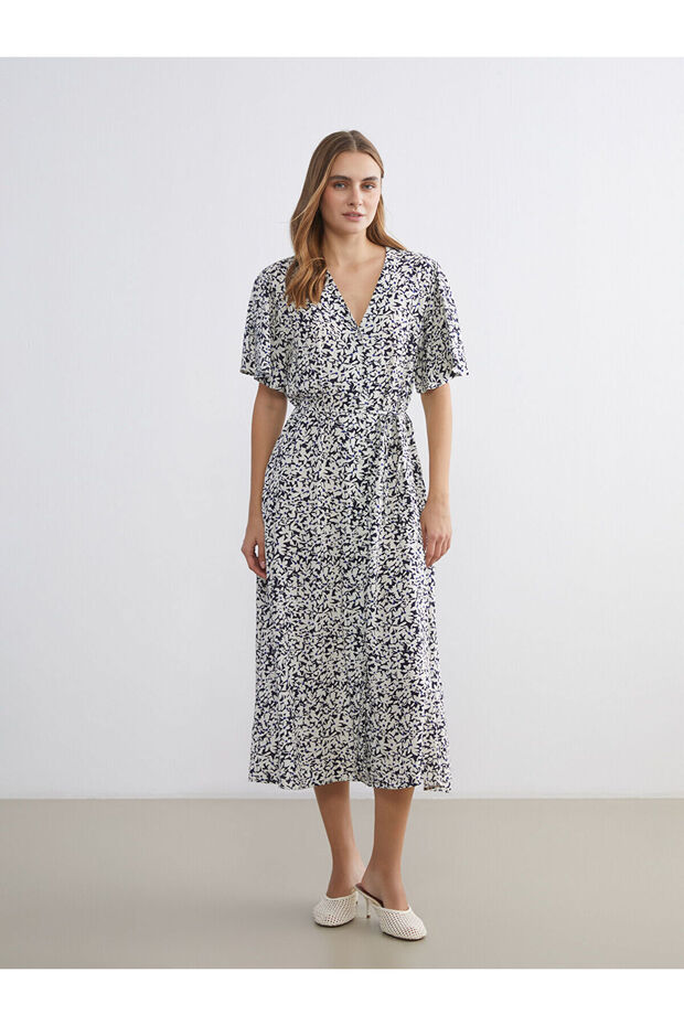 Vizyon New Season V-Neck Floral Waist-Fitted Dress